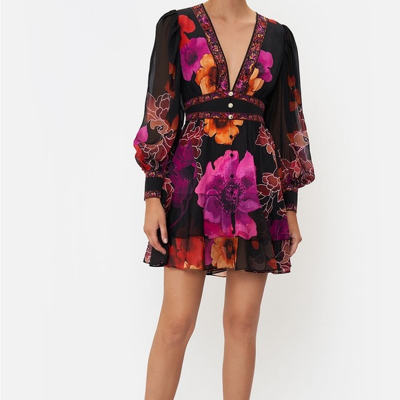 Camilla Button Front Frill Dress Black Midnight Poppy, Size S - Picture 1 of 7
